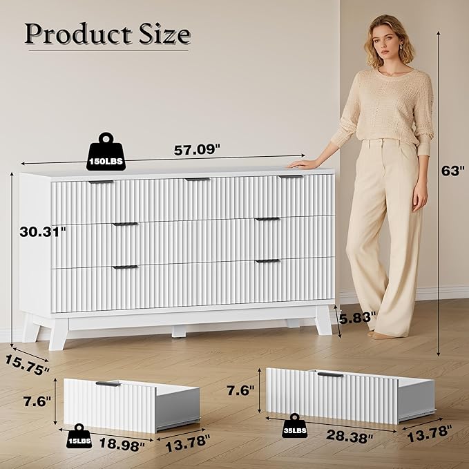 BORNOON 57" Long Dresser for Bedroom, 7-Drawer Fluted Chest, Wide Wood Storage Dresser with Metal Slides and Handles, Stable Base, Modern Clothes Organizer for Primary Suite, Guest Room, Nursery