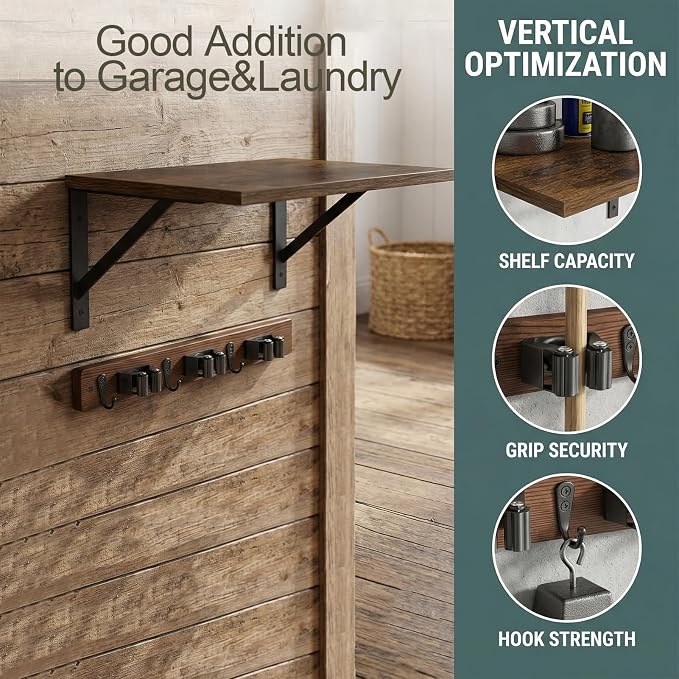Broom and Mop Organizer Wall Hanging with Cleaning Supplies Organizer Shelf Rustic Farmhouse Wood Broom Mop Holder Storage Rack for Laundry Room Garage (1, Brown)