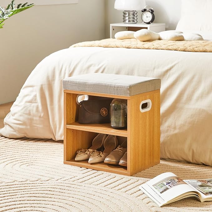 YMYNY Small Shoe Storage Bench with Cushion, Natural, HBD028N | 2 Tier Entryway Bench with Storage, Small Shoe Rack Bench with Adjustable Shelf for Entryway 11 x 15.3 x 16.5 Inches