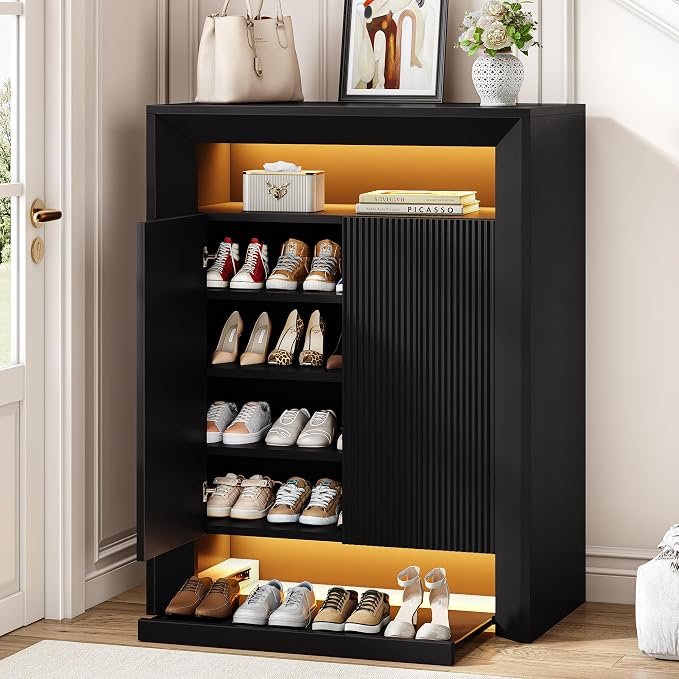 Einhomn LED Shoe Cabinet for Entryway w/App & Music Sync, Modern Shoe Storage Rack with Adjustable Shelves & Pull-Out Drawer, Entryway Shoe Organizer for Small Space, 15–25 Pairs, Black