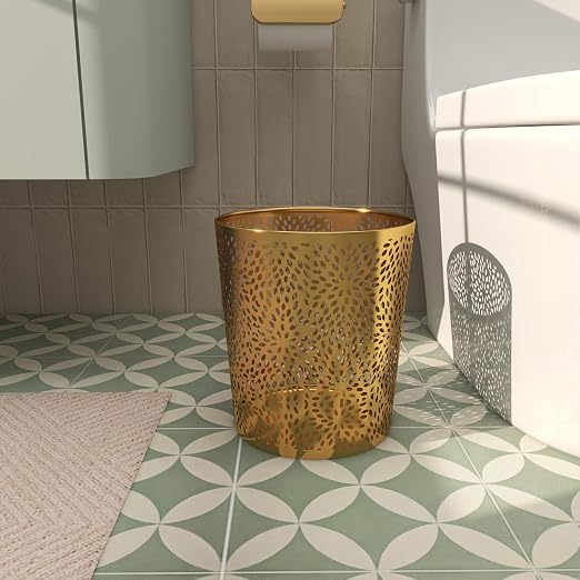 CosmoLiving by Cosmopolitan Metal Small Waste Bin with Laser Carved Floral Design, 9" x 9" x 10", Gold | Office Bathroom Floral Waste Basket With Laser Carved Design Office Wastebasket Waste Bin