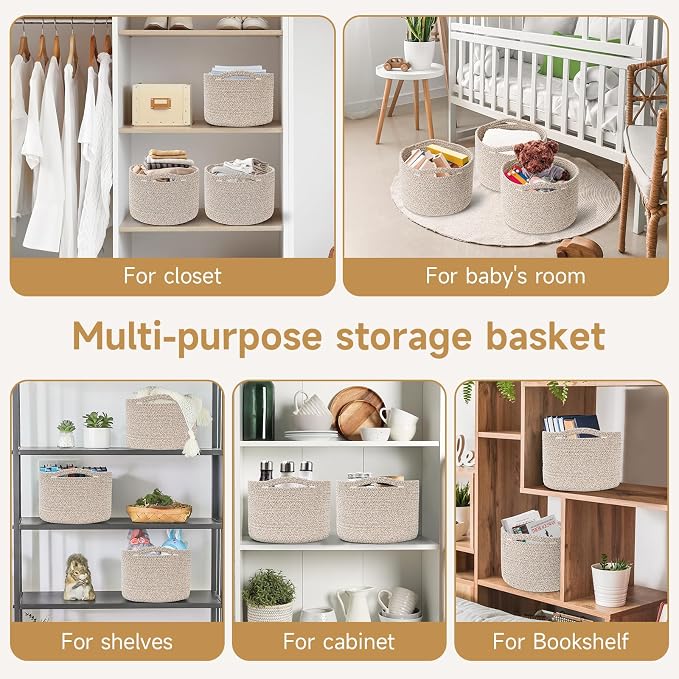 Small Rope Baskets for Storage, Baskets for Gifts Empty, Cute Round Woven Basket, Decorative Shelf Baskets 9.82×9.82×7.1", Cotton Toy Basket Storage Bins for Organizer 3 Packs-Brown