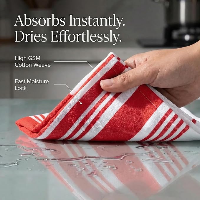 Urban Villa Kitchen Towels 100% Cotton Dish Towels for Kitchen (Set of 6) 20”x30” Dish Cloths Highly Absorbent Kitchen Linen Set with Hanging Loop Perfect for Drying Dishes Cleaning Towels-Red White