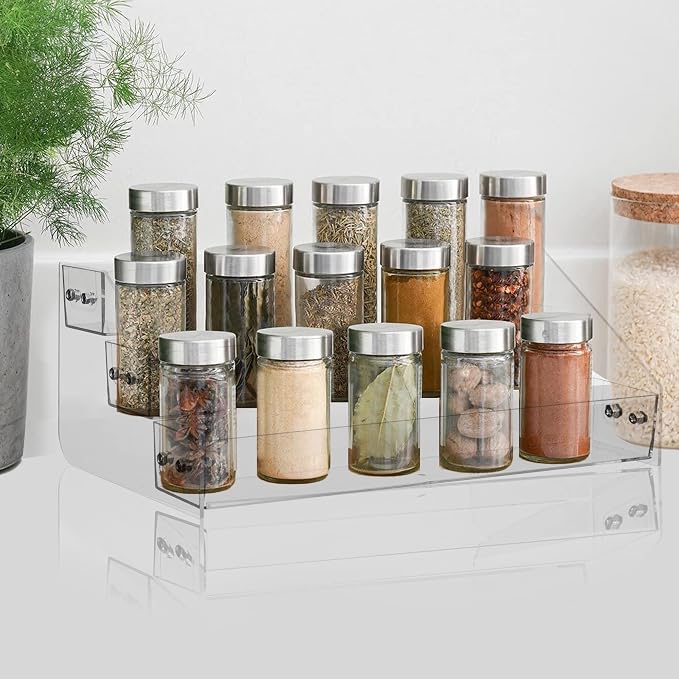 Acrylic Spice Rack, Tiered Spice Rack Shelf Seasoning Organizer | for Countertop, Cabinet, Pantry, Kitchen Storage - 3 Tier