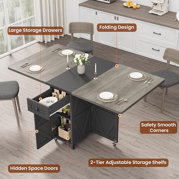 Jocoevol Folding Dining Table for Small Spaces, Space Saving Foldable Kitchen Table with Drawer & 2-Tier Storage Shelf, Rolling Expandable Dining Table with Wheels, Farmhouse, Grey
