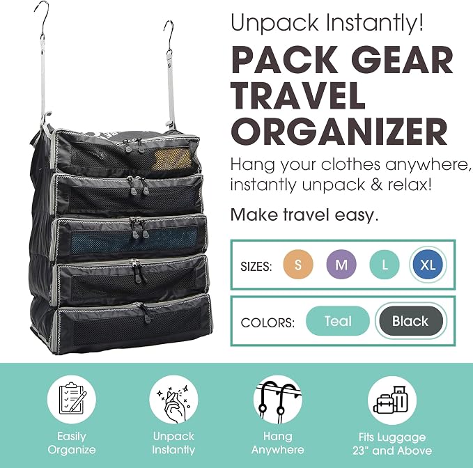 Pack Gear Hanging Suitcase Organizer - Our XL Hanging Luggage Organizer Perfectly Fits Any Suitcase - Our Packing Cubes For Travel Use Mesh Windows to Make Finding Any Outfit Easy (Black, XL)