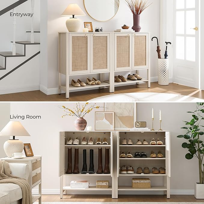 SICOTAS Shoe Storage Cabinet for Entryway - 5 Tier Rattan Entry Shoe Organizer Cabinet with Shelves & Doors, 2 Pieces Farmhouse Boho Shoe Rack for Hallway, Living Room, Closet (White Cream Oak)