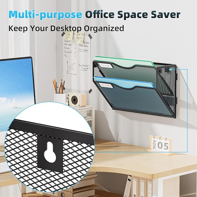 Marbrasse Wall File Holder 2-Tier Hanging Wall File Organizer, Mesh Mail Holder for Papers, Wall Mount File Clipboard & Magazine Organizer Great for Office Home - 2P