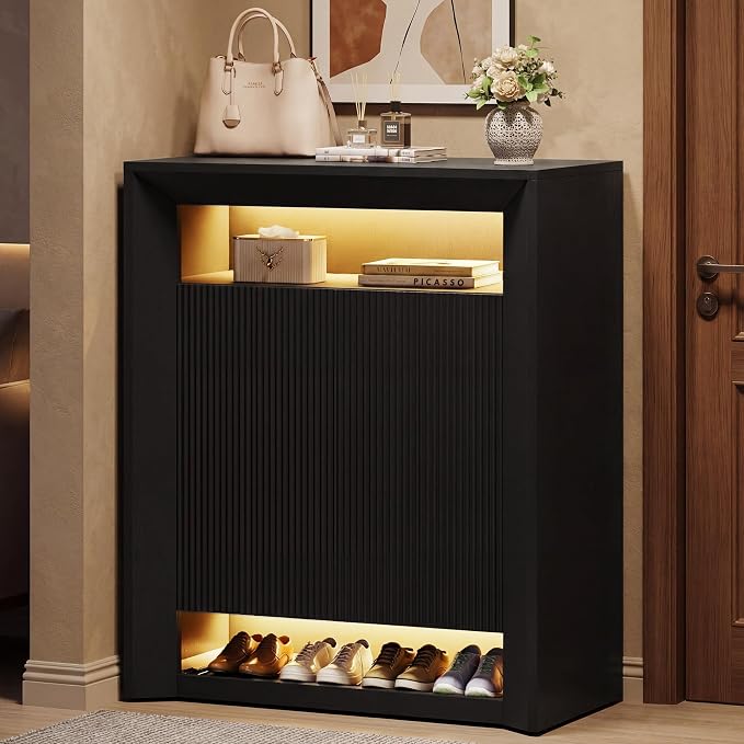 Einhomn LED Shoe Cabinet for Entryway w/App & Music Sync, Modern Shoe Storage Rack with Adjustable Shelves & Pull-Out Drawer, Entryway Shoe Organizer for Small Space, 15–25 Pairs, Black