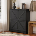 Semiocthome Farmhouse Shoe Storage Cabinet with 2 Flip Drawers, 31.5"(W) Freestanding Shoe Organizer with Barn Door and Metal Handles for Entryway, Corner Rustic Narrow Shoe Rack Cabinet - Black