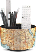 Round Leather Art Supply Organizer,Remote Control Holder,360 Degree Rotating,Multi-Functional Pencil Holder,4 Compartments Desktop Stationary Organizer(1-Vintage Map)