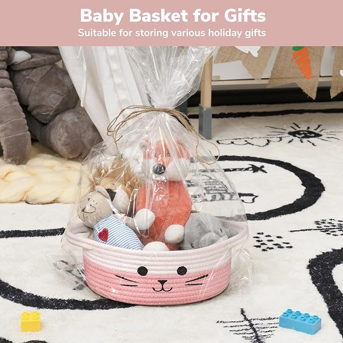 Cute Cat Toy Basket, Small Woven Basket for Nursery, 9.8"x4" | Decorative Basket for Cats Dogs Toys Storage, Cat Basket With Handles, Pet Gift Basket for Living Room, White & Pink