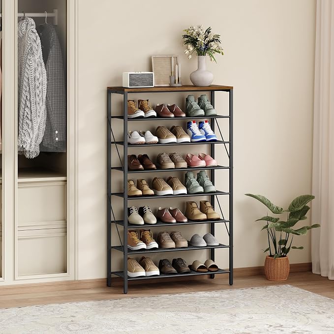 MAHANCRIS 8 Tier Shoe Rack Organizer for Closet, Holds 28-32 Pairs, Tall Metal Shoe Storage Shelf for Entryway Bedroom, Sturdy Freestanding Shoe Rack Space Saving, Large Capacity, Rustic Brown
