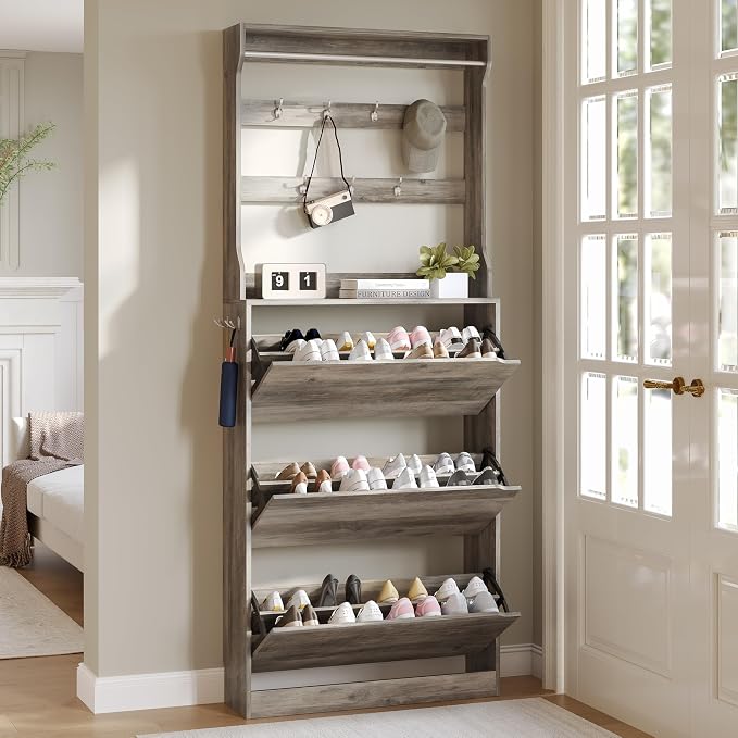 Wodeer Tall Shoe Cabinet with Coat Rack, Hidden Shoe Storage Cabinet with Doors & Drawer, Hanging Bar & Hooks, Slim Narrow Freestanding Shoe Rack Organizer for Entryway, Hallway & Living Room, Grey