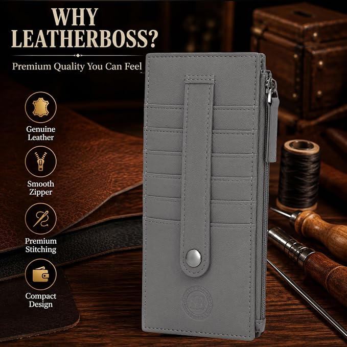 Leatherboss Genuine Leather Women's All in One Credit Business Card Case Holder Slim Zipper Wallet With a Card Protection Strap, Gray
