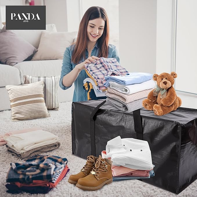 PANDA JOYS Extra Large Moving Bags with Zippers & Carrying Handles, Heavy-Duty Storage Tote for Space Saving Moving Storage, Fold Flat, Alternative to Box and Bin - 12 Pack, Black