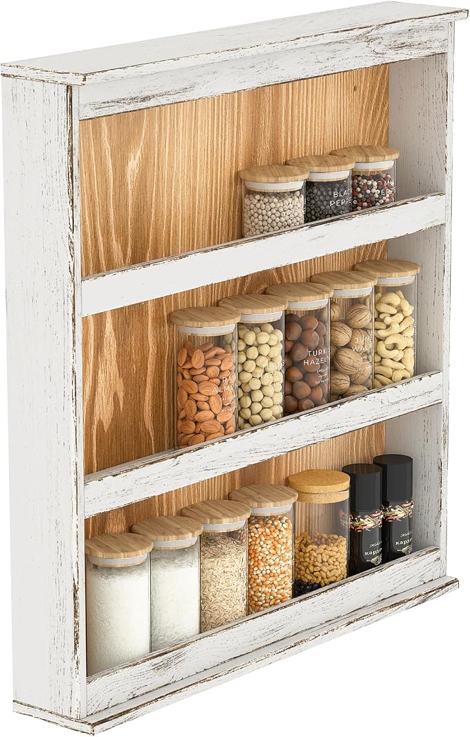 Nisorpa 3 Tier Spice Rack Wall Mount, Rustic Burnt Wood Wall Hanging Spice Rack Kitchen Spice Storage Shelf for Seasoning Jars or Condiment Bottles, 19.68 x 3.35 x 21.25 Inches