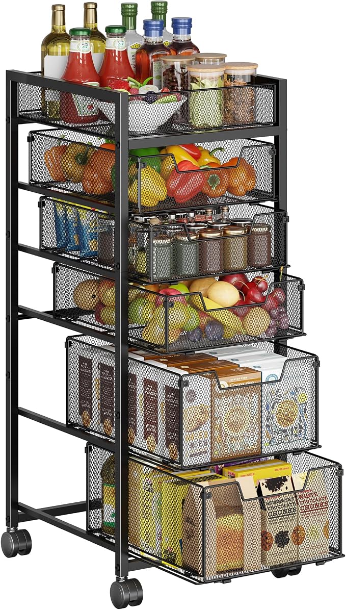 6-Tier Rolling Cart with 5 Drawers & Top Basket, Snack Cart with Wheels | Metal Utility Storage Cart - Fruit Vegetable Rack on Wheels, Kitchen Organization for Cans, Spices, Craft, Art, Beauty