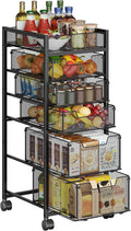6-Tier Rolling Cart with 5 Drawers & Top Basket, Snack Cart with Wheels | Metal Utility Storage Cart - Fruit Vegetable Rack on Wheels, Kitchen Organization for Cans, Spices, Craft, Art, Beauty