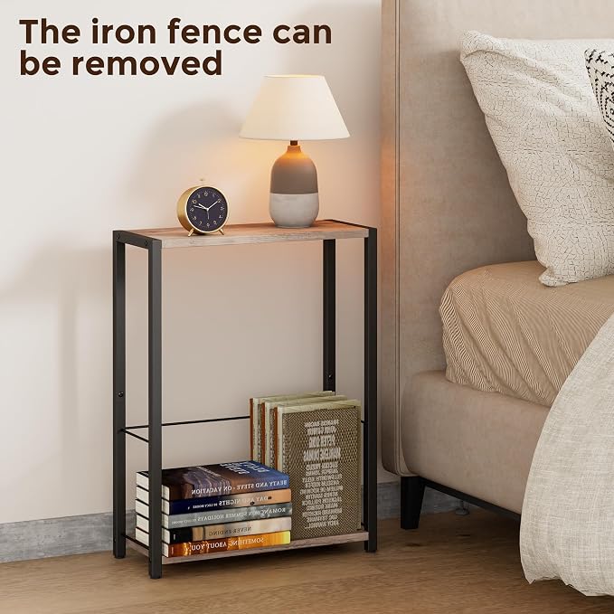 Homleke Narrow Side Table with Magazine Holder, Skinny End Table | Space-Saving Design, Small Spaces, Storage Shelf, Metal Frame, Easy Assembly, 7.1" D x 16.9" W x 23.6" H, Greige