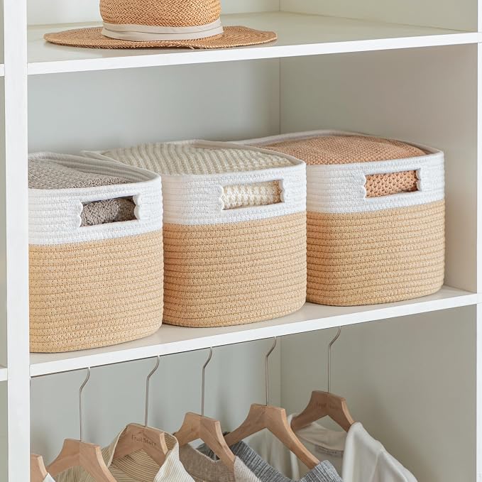 4 Pack Storage Baskets for Organizing, Shelf Baskets with Handles, White&Brown
