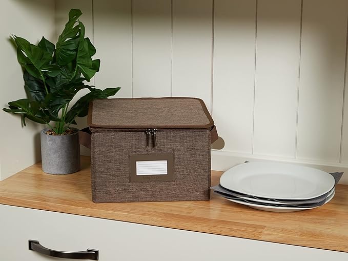 Covermates Dish Storage Box Set – China & Dinner Plate Storage Containers with Felt Dividers, Dual Zippers, Reinforced Handles, ID Window & Stackable Design, Brown Heather