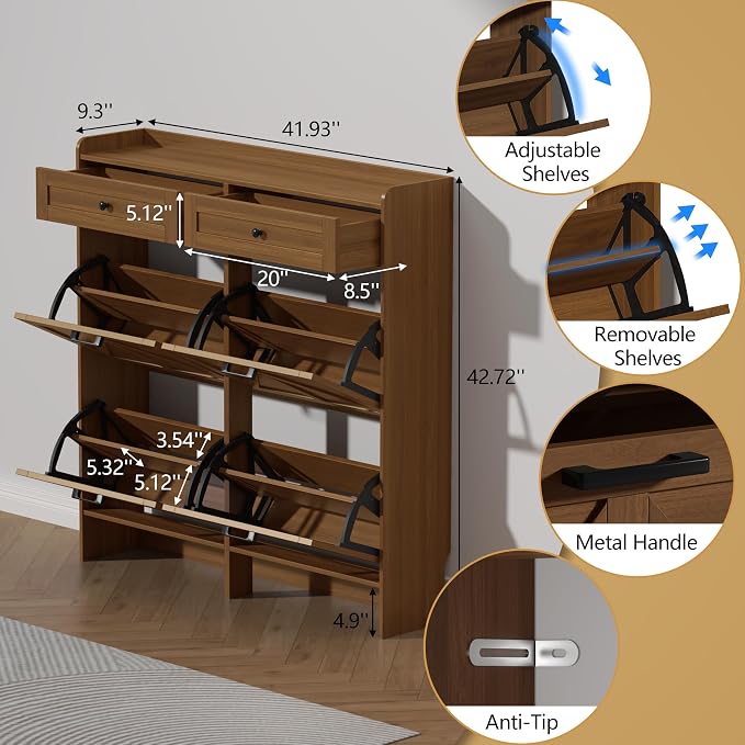 Thacuok Shoe Cabinet with 4 Flip Drawers & 2 Storage Drawers, Rustic Farmhouse Narrow Shoe Organizer Cabinet, Slim Shoe Rack Cabinet, Shoe Storage Cabinet for Entryway, Hallway, Front Door