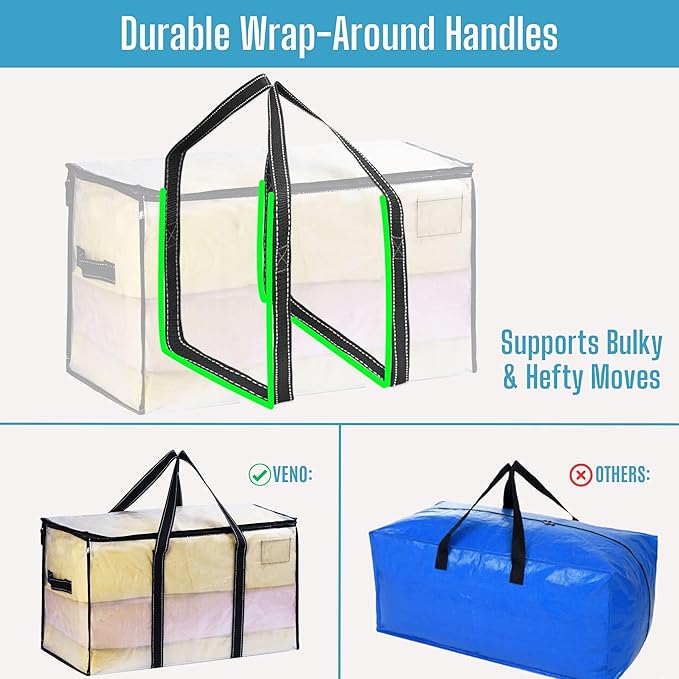 VENO 2 Pack Clear Moving Bags, 90L Extra Large Transparent Storage Totes, Heavy Duty 50lbs Load, Reinforced Handles, Zippers & Tag, See-Through Packing Boxes for Organizing Closet, Bedding, Clothes