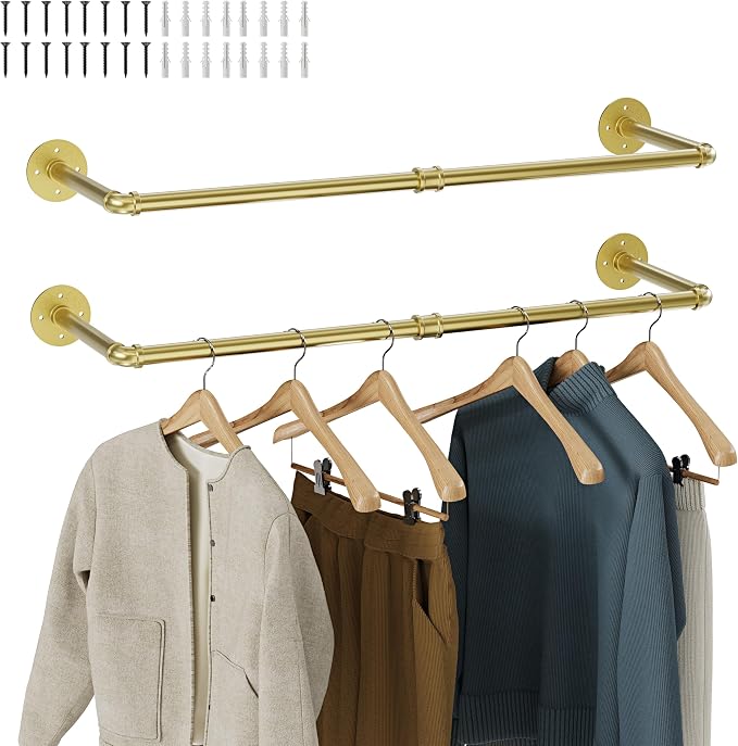 Wall Mounted Clothes Rack 2 Pack, Industrial Pipe Clothing Rack 36 Inch Gold, Wall Clothes Hanger for Bedroom, Cloakroom, Closet, Hallway, Boutique Display, Drying Racks Wall-Mount for Laundry
