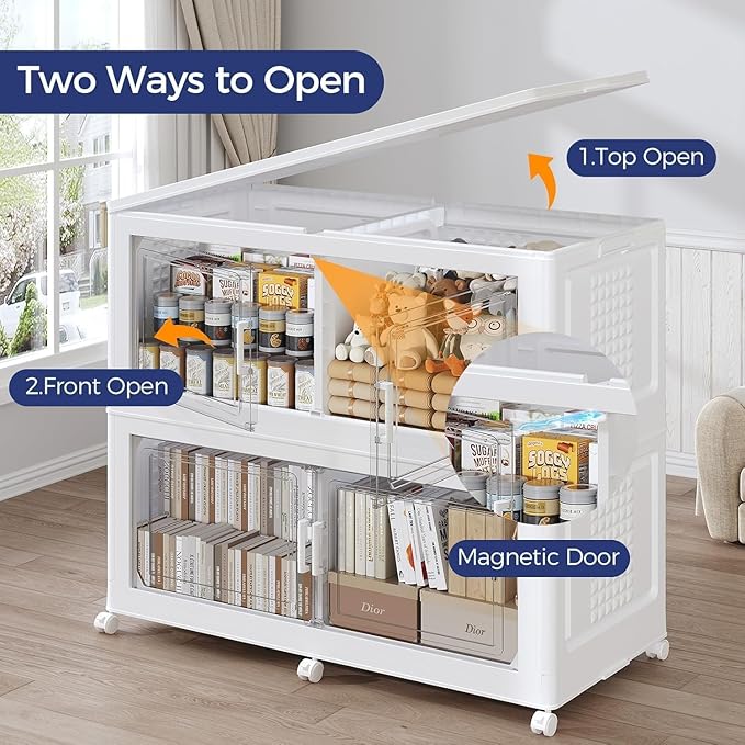 200Gal Stackable Storage Bins with Lid, 800Qt Extra Large Collapsible Storage Box with Wheels, Dividers, Folding Plastic Cabinet Closet Organizers for Home Kitchen Office Dorm, 4Pack White