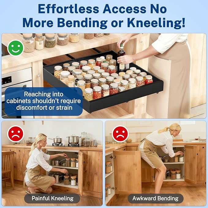 Insputer Pull Out Cabinet Organizer Expandable Width(12.2"-20.47") & 21" Deep, No Drill Adhesive Slide Out Drawers with Upgrade 3 Slide Rails, Magnetic Panel, Roll Out Shelf for Kitchen, Pantry Black