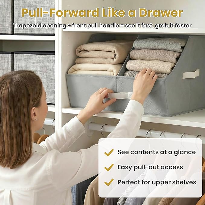 Closet Organizers And Storage - UPGRADED HEIGHT Trapezoid Storage Bin W/ Handles & Adjustable Dividers, Fabric Collapsible Storage Bins For Clothes Storage & Shelf Organizer (3pcs, Medium, Light Gray)