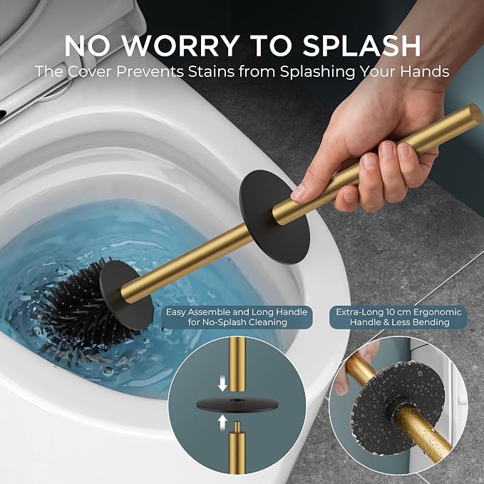 FORIOUS Toilet Brush and Holder,2 Toilet Bowl Brush Head Square Medium Gold | Heavy Duty 304 Stainless Steel Base, Silicone and Plastic Brush Heads, Long Handle for Deep Cleaning, Drip-Proof