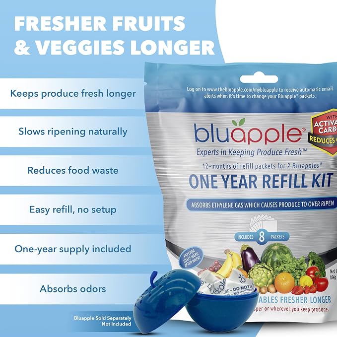 Bluapple Produce Saver Ethylene Gas Absorber with Activated Carbon, 1 Year Supply, Keeps Fresh Fruits & Vegetables Longer - Produce Saver for Kitchen - 8-Packets, 13g Total (Active Formula + Carbon)