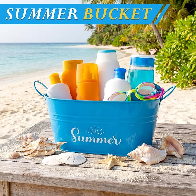 Blulu Summer Storage Bucket Metal Poolside Basket Above Ground Pool Bin Summer Basket Outdoor Storage for Sunscreen Goggles Flip Flop Spf Swimming Camping Beach Accessories Decor(Blue)