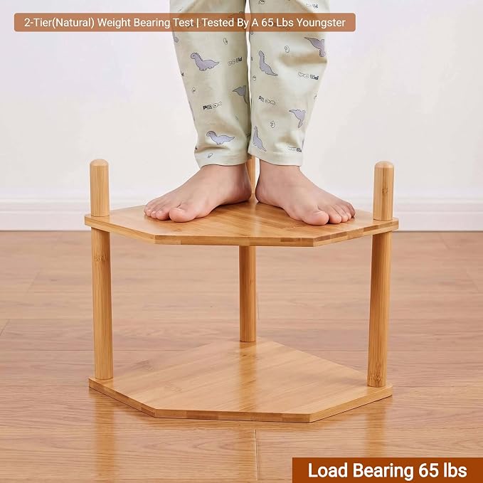 3-Tier Expandable Bamboo Corner Shelf - Dish/Plate Organizer for Cabinet, Kitchen Counter Shelf & Small Kitchen Shelf, Adjustable (11.4" H-White, 2-Tier)