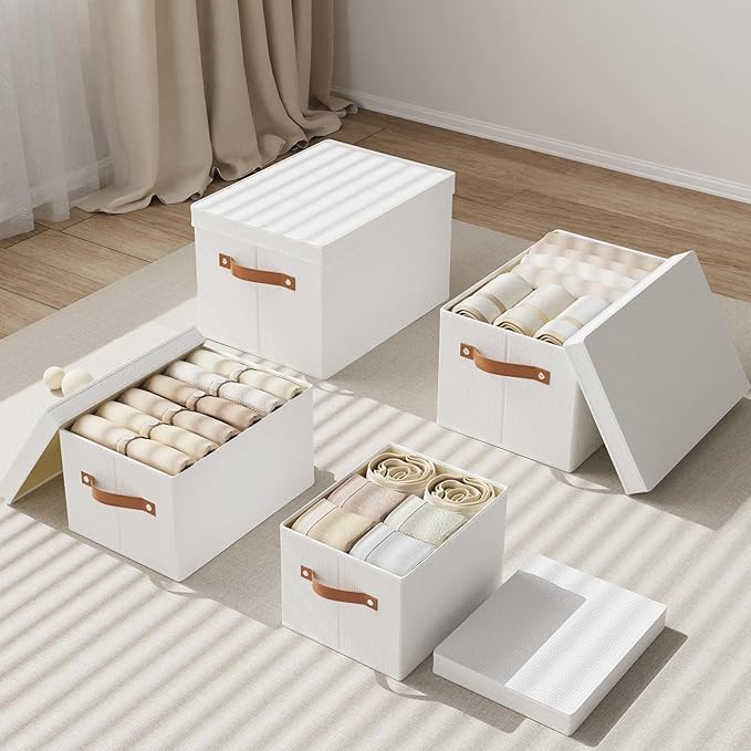 Fabric Storage Bins with Lids, 15 x 9.8 x 8.3 Inch Storage Boxes for Shelves Wardrobe Bedroom, Closet Organizers with Handles, White, 3-Pack