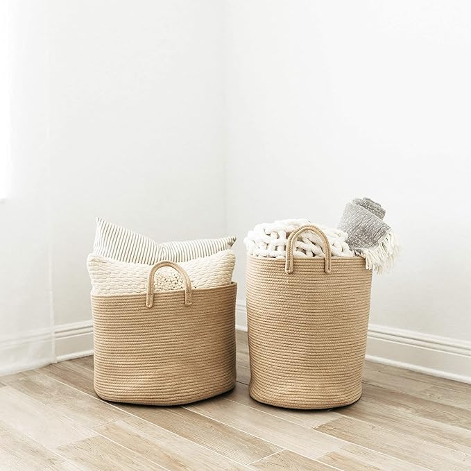 OrganiHaus Large Woven Storage Basket for Blankets and Toys 20" x 13" Inch, Rope Laundry Basket with Handles, Cushions & Pillows Storage Bin, Nursery Hamper, Soft Round Dog Toy Bin - Honey
