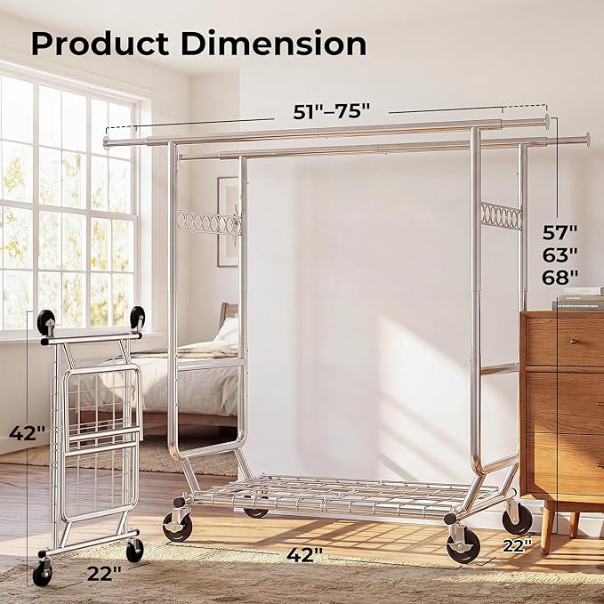HOKEEPER Clothes Rack Heavy Duty Clothing Rack Load 650 LBS Collapsible Garment Rack with Wheels Double Rod Clothes Rack for Hanging Clothes Commercial Portable Closet Rack with Shelves 22"D*75"W*68"H