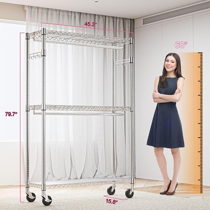 M MZG Heavy Duty Rolling Garment Rack 3 Tiers Adjustable Wire Shelving Clothes Rack with 2 Rods and Side Hooks,Storage Closet Clothing Rack with Wheels Chrome 15.7" D x 45.3" W x 79.6" H