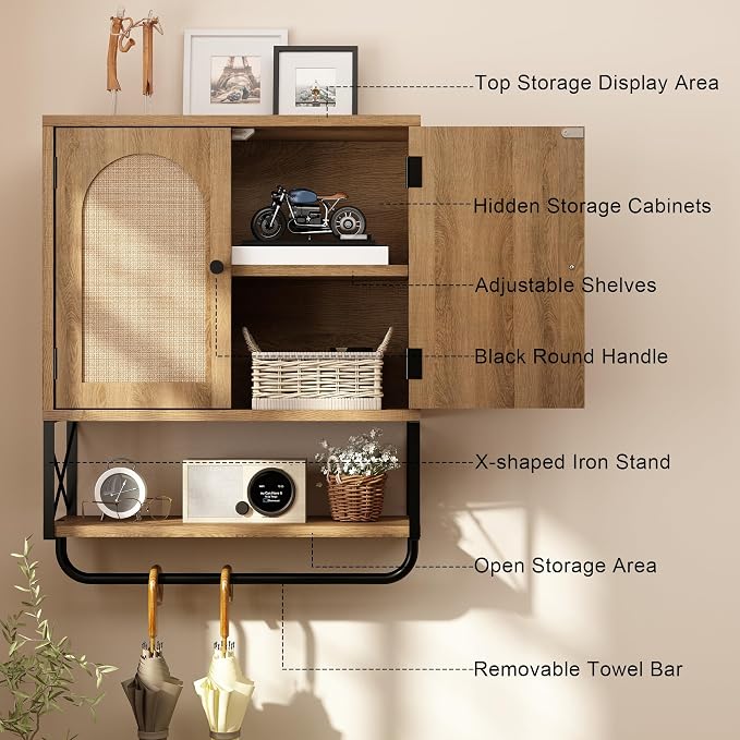 RUSTOWN Rattan Bathroom Wall Cabinet, Boho Over The Toilet Storage Cabinet | Arched Rattan Doors, Modern Medicine Cabinet, Adjustable Shelves, Towel Bar, Rustic Oak