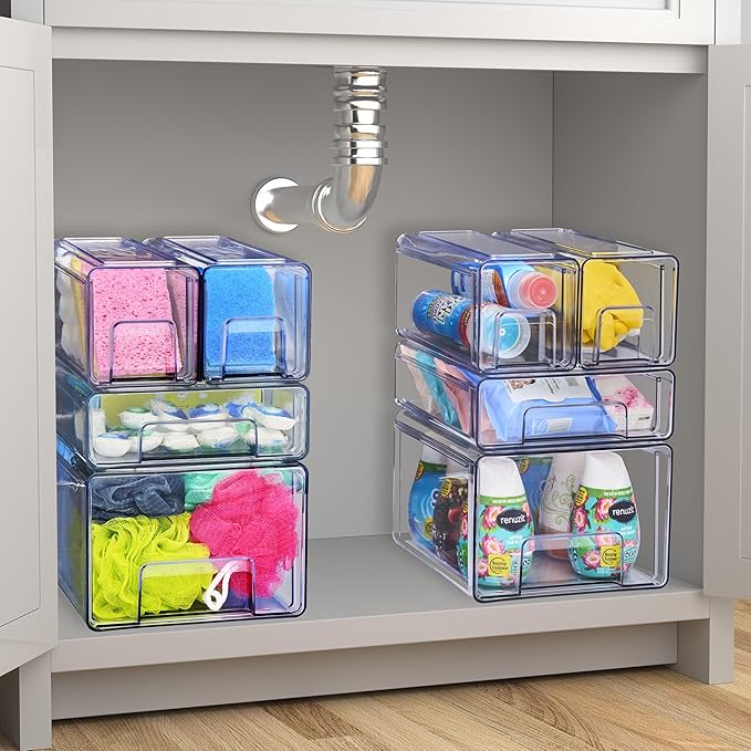 Sorbus Small Clear Stackable Storage Drawers 2-Pack Plastic Organizer Bins with Handles Pull-Out Drawers for Bathroom Closet, Medicine, Cabinet, Pantry Storage, Baby Bottle Organizer