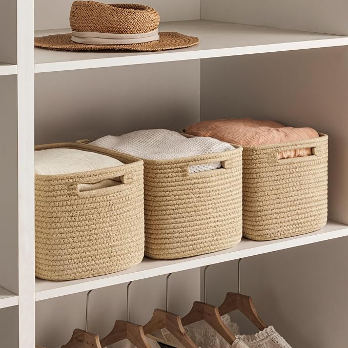 4 Pack Storage Baskets for Organizing, Woven Baskets for Shelves, Brown | 13"L x 9"W x 7.5"H, Woven Basket, Cotton Rope Basket, Toy Storage, Cube Shelf, Gift Baskets Empty, Home Decor