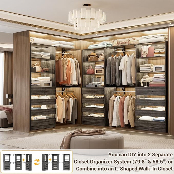 Aheaplus Closet System Set of 3, 138.5" Wood Closet Organizer System Tower with 12 Drawers & 4 Hanging Rods, 6.7+4.85Ft L Shaped Walk-in Closets Wardrobe Organizer Garment Rack with Shelf, Black Oak3