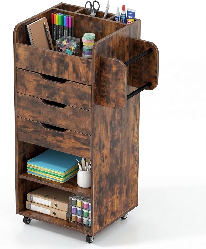 Tangkula Rolling Storage Cart with Drawers, Industrial Aesthetics Organizer Cart w/Lockable Casters, Makeup Utility Cart w/3 Shelves, Slots & Dowels, Storage Cabinets on Wheels, Home Office Craft Cart