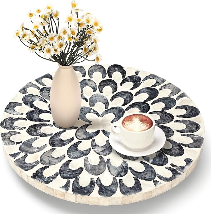 Reallnaive Mother of Pearl Lazy Susan for Table Turntable Organizer Marble Patterned Lazy Susan Wood Spinning Tray Rotating for Kitchen Cabinet Spice Pantry 12 Inch(Round,Floral)