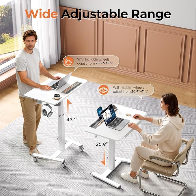 32" Mobile Desk with Drawer, Rolling Standing Desk on Wheels | Height Adjustable Desk with Cup Holder and Hooks, Portable Laptop Cart with Storage for Home Office, White