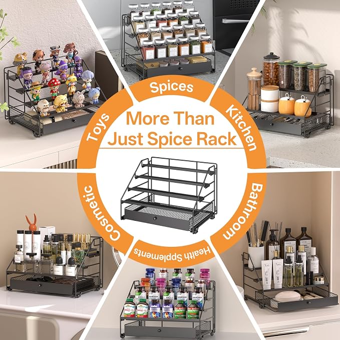 DTUQYX Spice Rack Organizer for Cabinet: 4 Tier Adjustable Spice Rack Organization with Drawer, Depth Metal Shelf for Kitchen Countertop, Cupboard, Pantry, Holds Seasoning and Condiments (Black)
