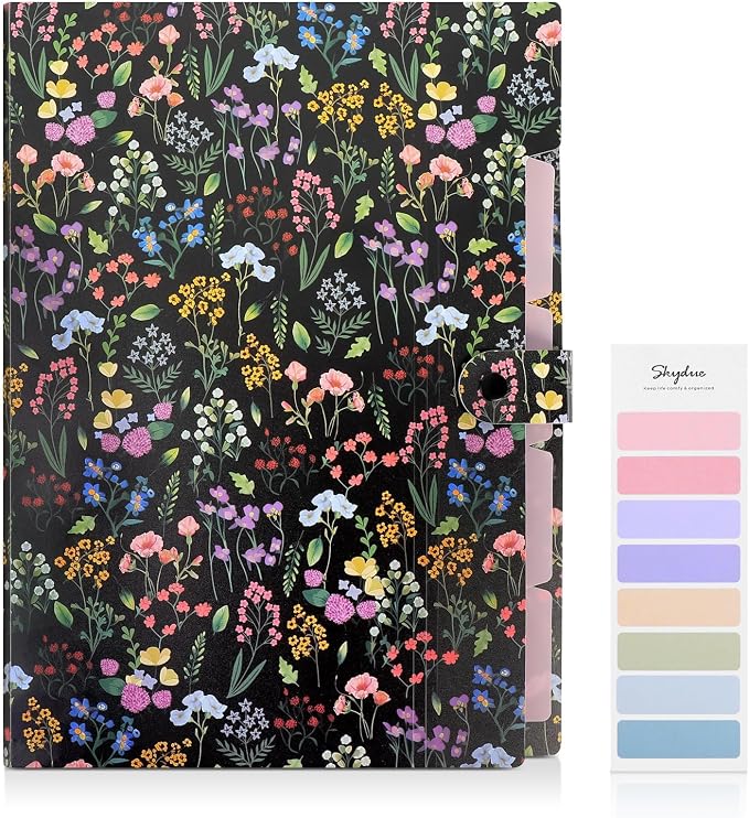 SKYDUE Accordion File Organizer, Floral Expanding File Folders with 5 Pockets, Cute Document Organizer for Paper Bills Receipt Storage, School Office & Hospital Supplies Letter/A4 Size Black