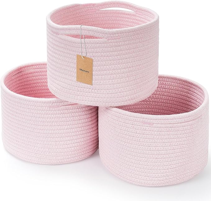 Small Rope Baskets for Storage, Baskets for Gifts Empty, Cute Round Woven Basket, Decorative Shelf Baskets 9.82×9.82×7.1", Cotton Toy Basket Storage Bins for Organizer 3 Packs-Pink